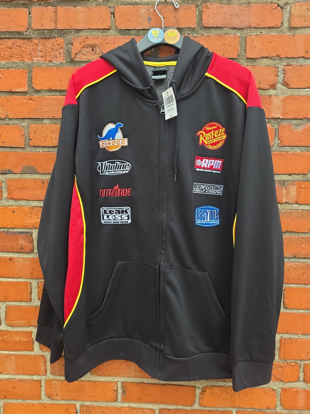 Disney Pixar Cars Lightning McQueen Racing Badges Zippered Hoodie L NWT (A)